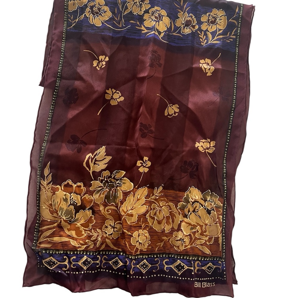 Bill Blass Silk Scarf in Burgundy with Gold and Blue Accents 54”x13”